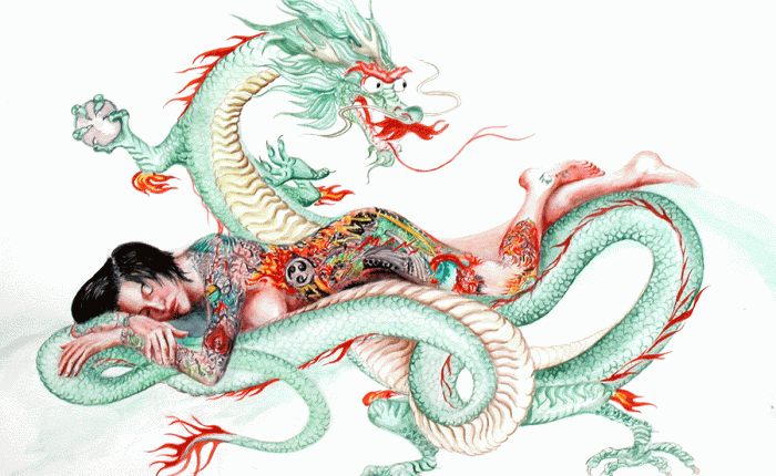 Linda Champanier watercolor painting of woman with dragon